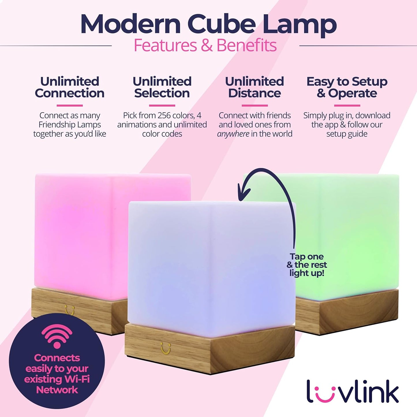 Dacida Cube Friendship Lamp v2 Extended WiFi Range - Bluetooth Setup - Wood & Glass Design (Set of Two, Natural)