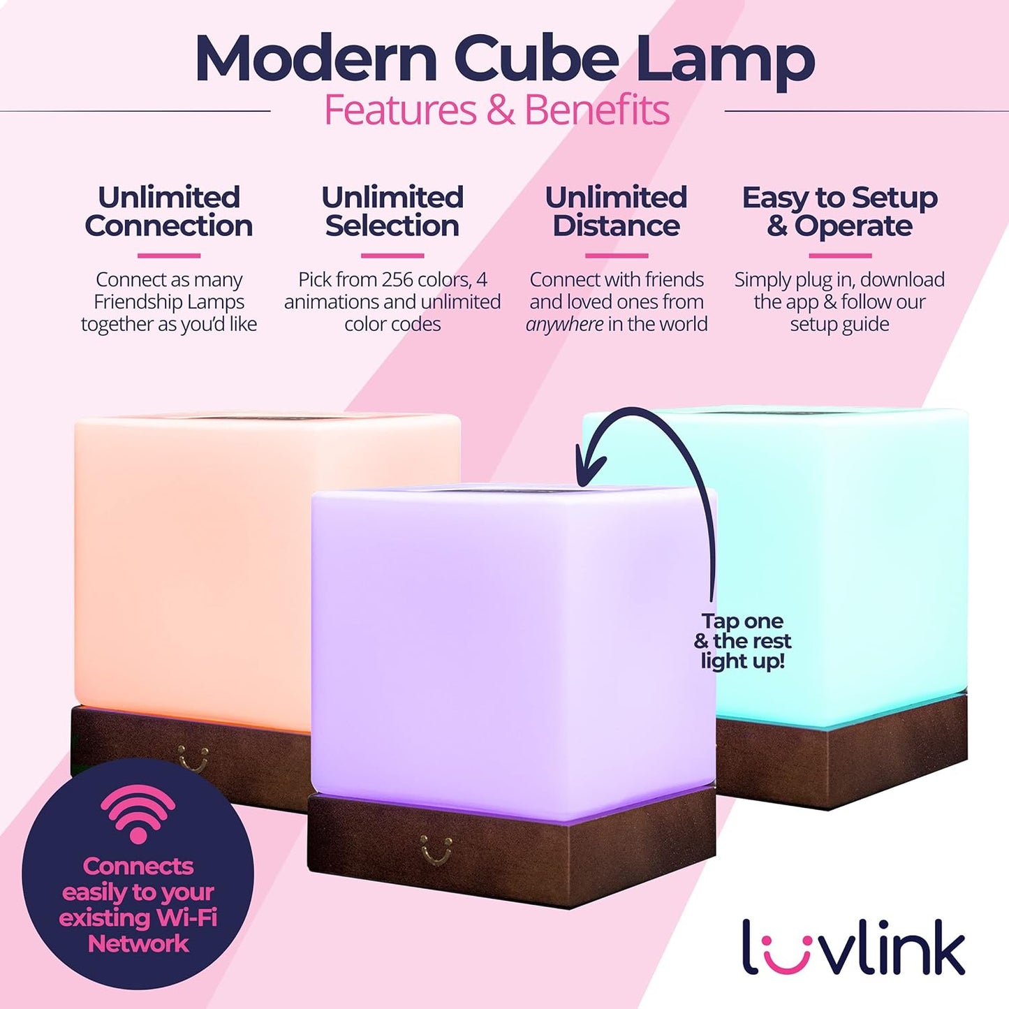 Dacida Cube Friendship Lamp v2 Extended WiFi Range - Bluetooth Setup - Wood & Glass Design (Set of Two, Natural)